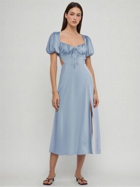 Cider Satin Knotted Puff Sleeve Split Midi Dress Sky Blue Size XS